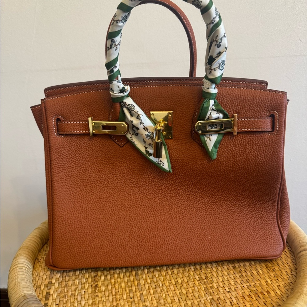 Classic Brown Leather Tote Handbag with Scarf-Wrapped Handles